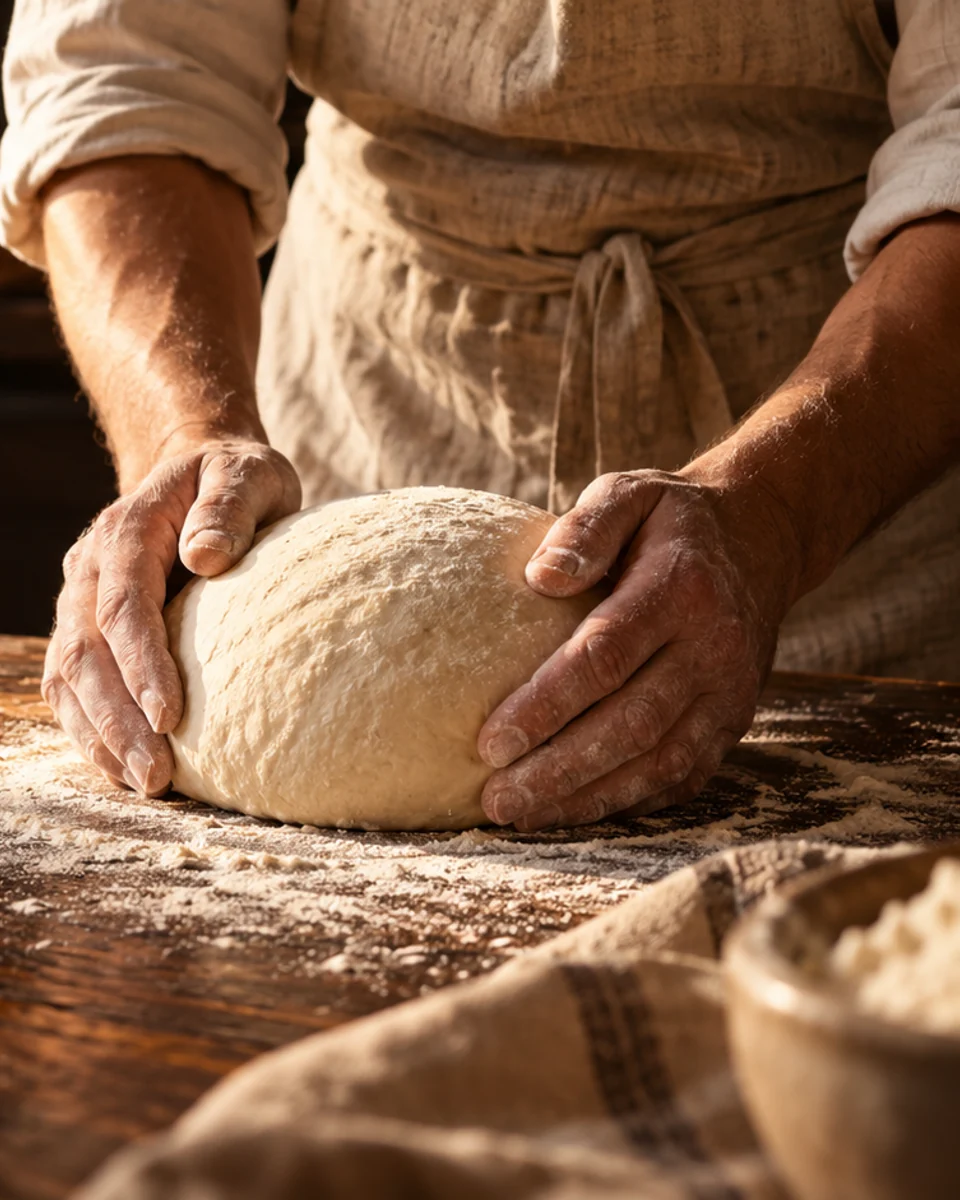 Hands shaping dough on a wooden table; an illustrative image of the baker’s craft.